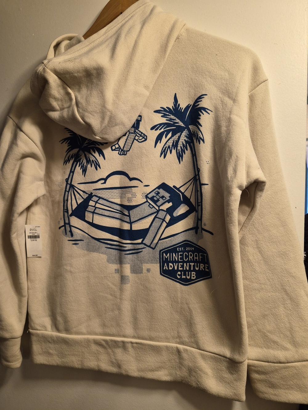 Old Navy Cream Hoodie with Navy Minecraft Adventure Club Back Graphic